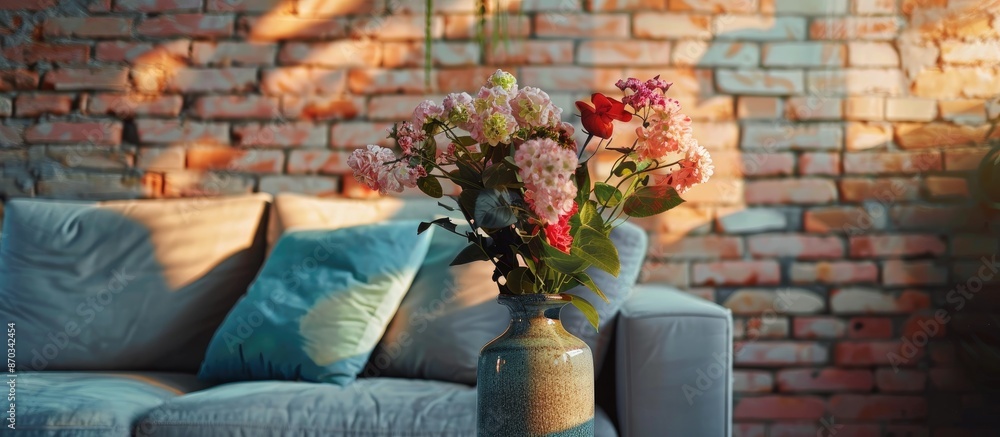 Poster a vase of flowers in the living room and a sofa, brick wall backdrop and fair lighting. with copy sp