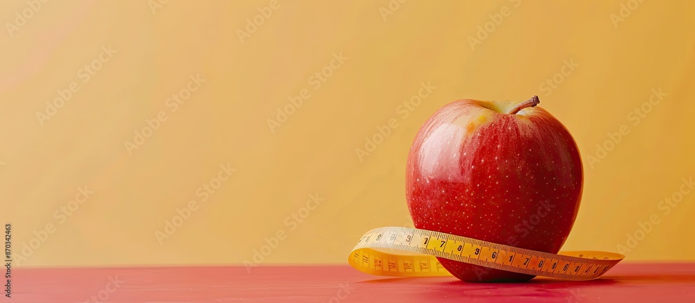 Aufkleber red apple with measuring tape diet concept with apple pastel background. with copy space image. plac