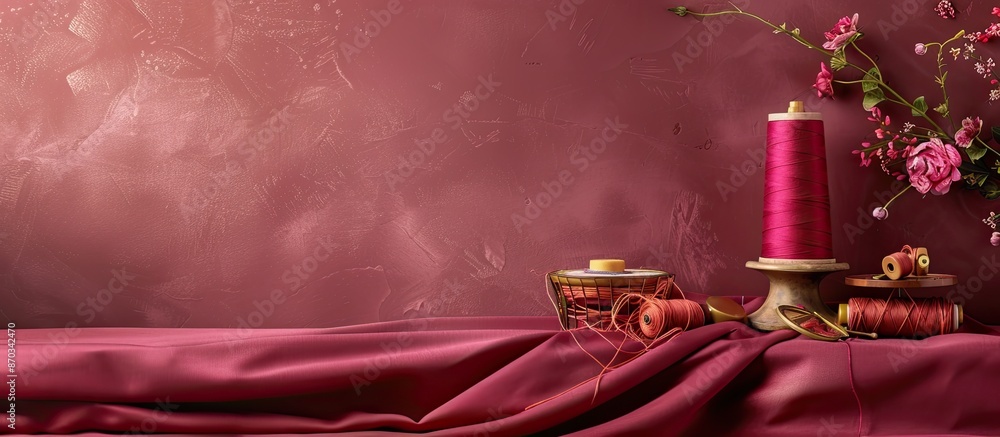 Poster a design studio setting showcasing a burgundy fabric backdrop featuring a spool of thread and variou
