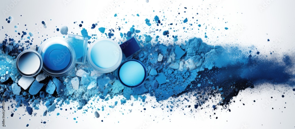 Poster background image for makeup and cosmetics with blue-toned eyeshadow scattered on a white backdrop, f