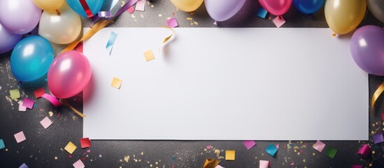 Colorful celebration background with streamers, confetti, balloon, and blank card for copy space image, seen from above.