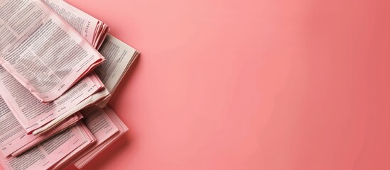 Newspapers with empty spaces, set against a pink backdrop with copy space image.