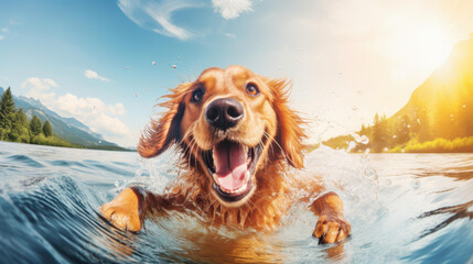 Highdetail, photorealistic image of a Golden Retriever splashing in a clear blue lake on a sunny day.