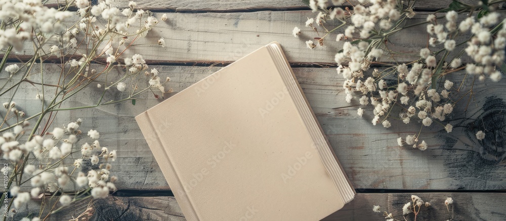 Aufkleber Close-up view of a notebook on a wooden table with beige sheets and gypsophila flowers nearby, ideal for a mockup with ample copy space image against a soft pastel background.