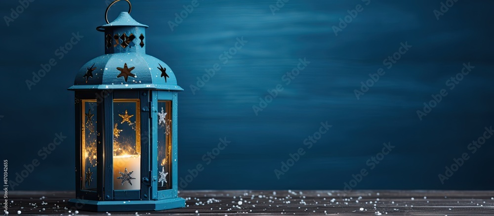 Poster a festive christmas lantern adorned on a blue wooden backdrop in a studio setting with copy space im