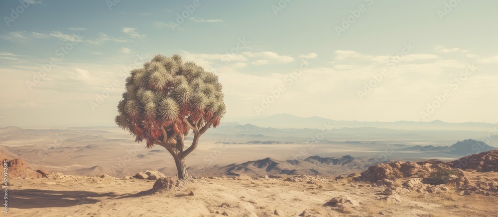 Poster Vintage toned top-view image of a globe-shaped cactus tree in the desert with copy space image.