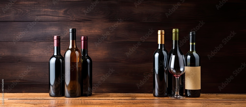 Aufkleber Top down view of assortment of wine bottles and grapes displayed on a rustic wooden surface, providing a blank area for text or design known as a copy space image.