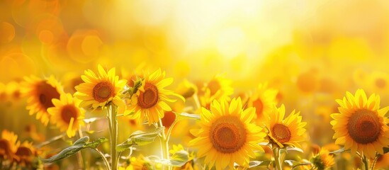 Obraz premium Field of golden sunflowers in a beautiful garden with copy space image.