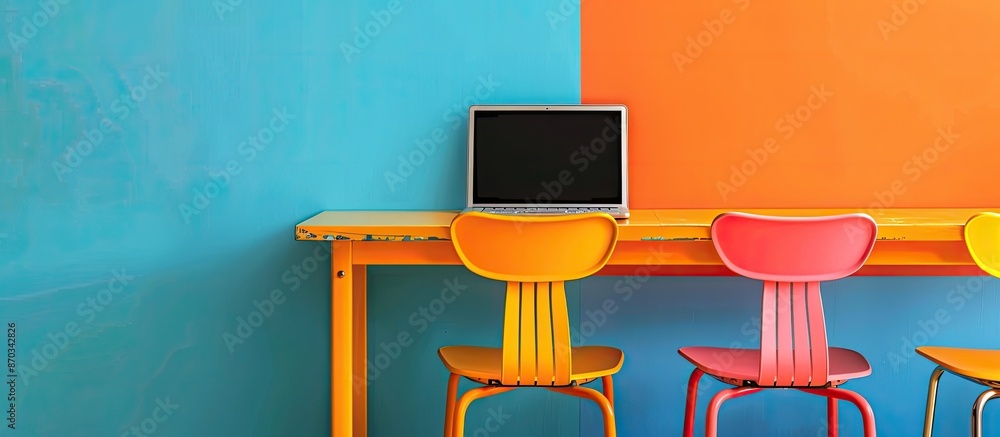 Aufkleber school desk and chair on the keyboard. online traning concept. copy space image. place for adding te