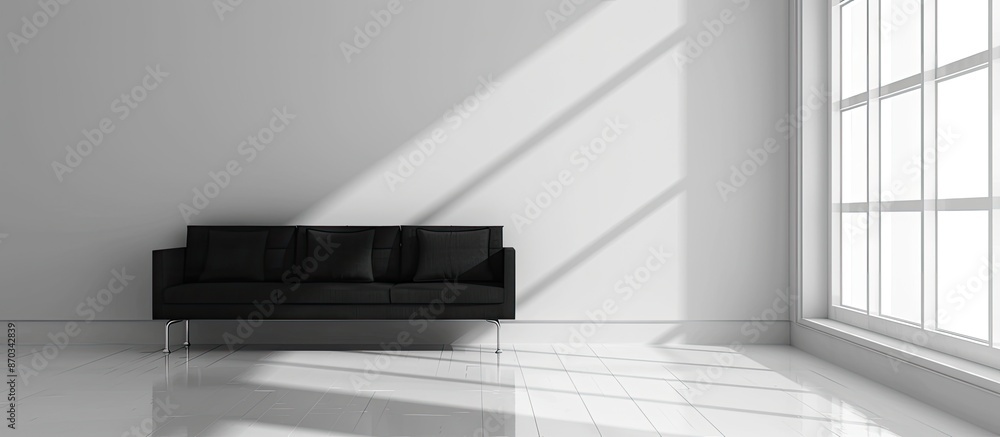 Poster Interior design of empty modern room with black couch. with copy space image. Place for adding text or design