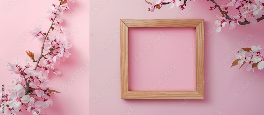 Poster photo Frame on a wooden on pink background . with copy space image. Place for adding text or design
