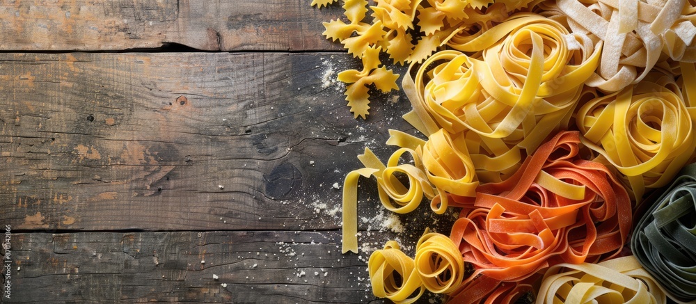 Aufkleber Tagliatelle and assorted pasta rest on a stone and wood backdrop in a composition with ample copy space image.