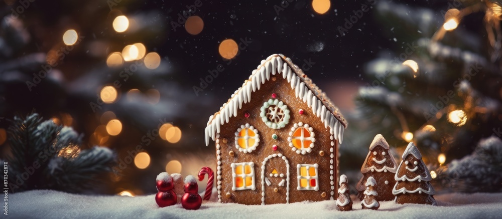 Poster christmas gingerbread house adorned with cookie figures and a pine tree, displayed on a table with n