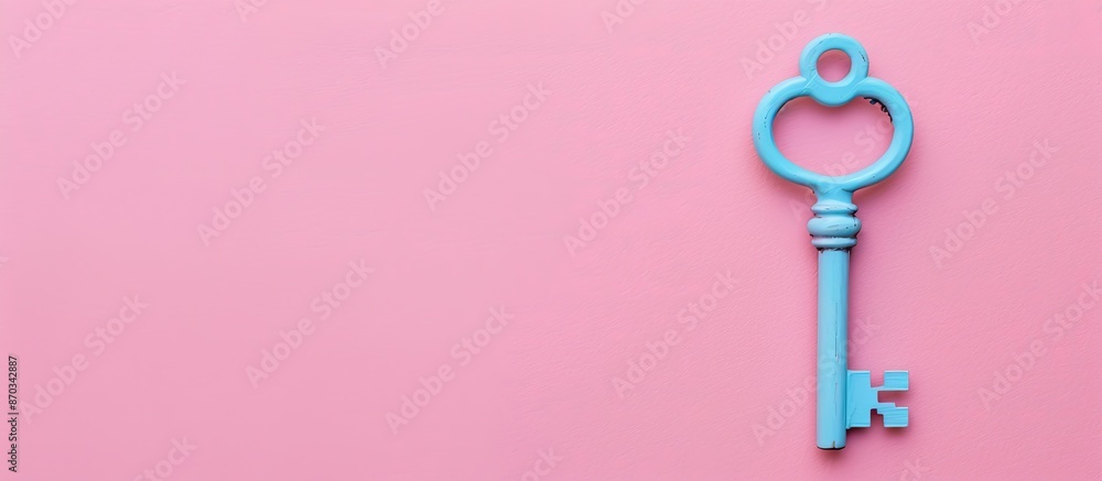 Poster Key blue different on pastel pink background. Minimal style business ideas.Trendy flat lay concept. top view. Copy space image. Place for adding text or design