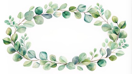 Watercolor Hand Painted Floral Frame With Green Eucalyptus Leaves And Branches Isolated On White Background. Botanical Illustration For Wedding Invitations, Greeting Cards, Prints, Posters.