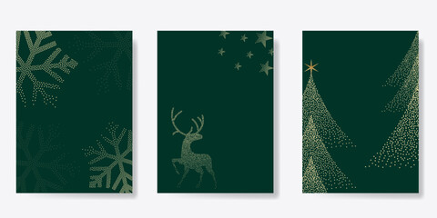 Luxury christmas and happy new year holiday cover template vector set. Gold winter reindeer, glittering christmas tree, snowflakes on green background. Design for card, greeting, wallpaper, poster.