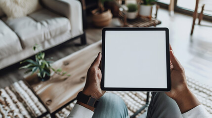 A person's hands holding a digital tablet with a blank screen. The individual is wearing a watch on their left wrist and is poised to draw or write with a stylus held in their right hand.