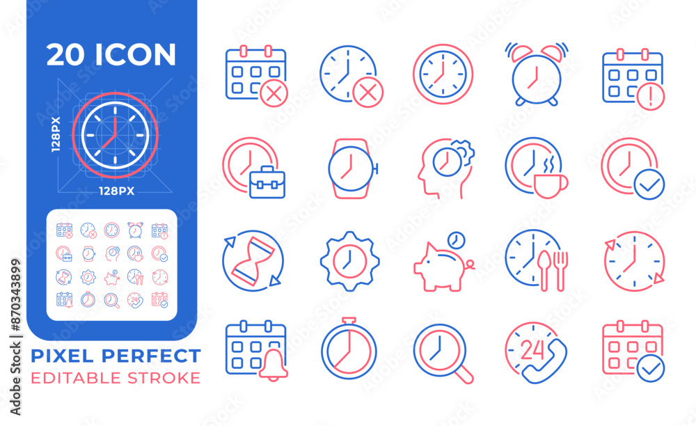 Poster time and clock two color line icons set. working hours. daily schedule. time management. calendar an