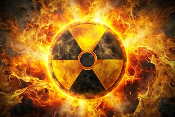 nuclear radiation symbol burning with flame. Nuclear war threat concept