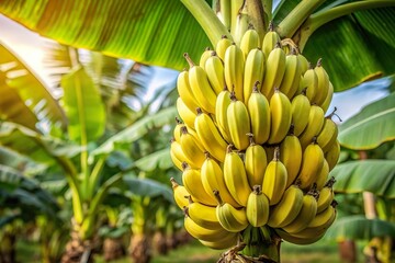 ripe yellow fruit bunch on banana tree 