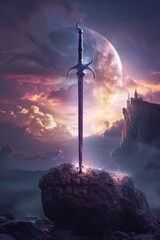 Discover a mystical fantasy background featuring a legendary sword embedded in stone, bathed in ethereal light rays Perfect for storytelling and magical themes	