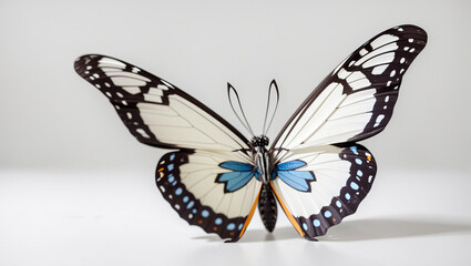 Obraz premium a white butterfly with black markings against a plain white background.
