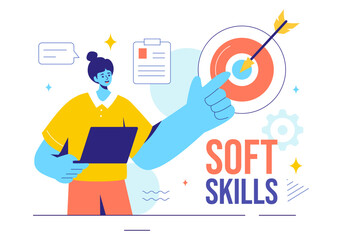 Vector Illustration of Office Workers Demonstrating Soft Skills of Empathy, Communication, Idea Development, Skill, and Education in a Flat Background