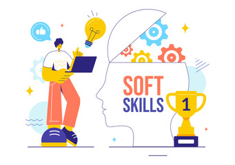 Vector Illustration of Office Workers Demonstrating Soft Skills of Empathy, Communication, Idea Development, Skill, and Education in a Flat Background