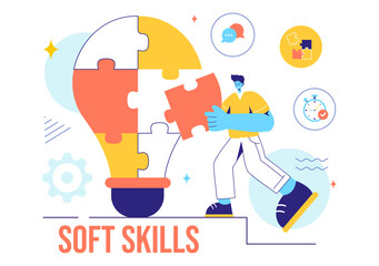 Vector Illustration of Office Workers Demonstrating Soft Skills of Empathy, Communication, Idea Development, Skill, and Education in a Flat Background