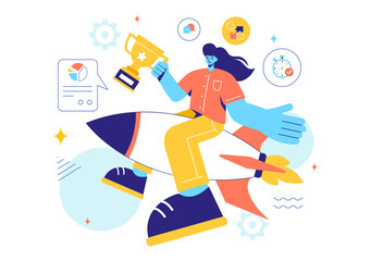 Vector Illustration of Office Workers Demonstrating Soft Skills of Empathy, Communication, Idea Development, Skill, and Education in a Flat Background