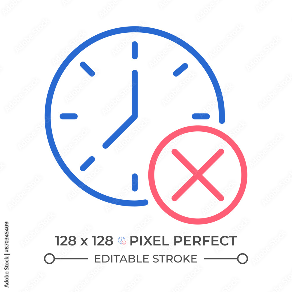 Poster clock with cross mark two color line icon. digital watch with x sign. canceling appointment. bicolor