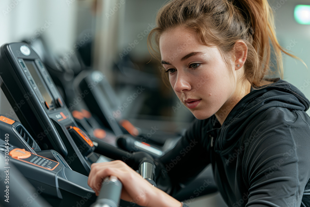 Wall mural Young Woman on a Treadmill in a Gym