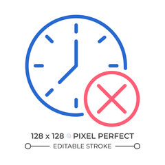 Clock with cross mark two color line icon. Digital watch with x sign. Canceling appointment. bicolor outline symbol. Duotone linear pictogram. Isolated illustration. Editable stroke