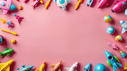 Obraz premium Different children's toys on pink background, flat lay. Space for text, Generative AI