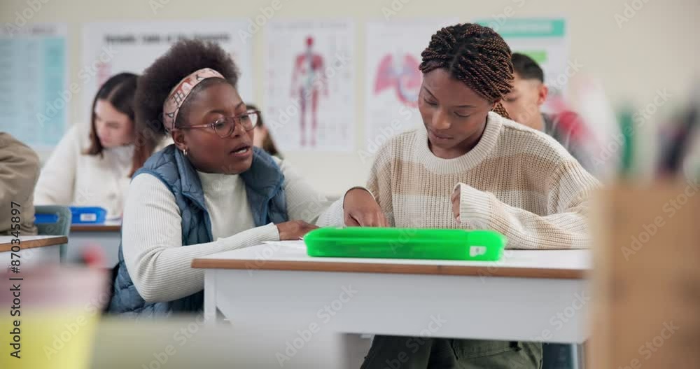 Poster high school, teacher and student at desk with help for learning, test notes and support for project.