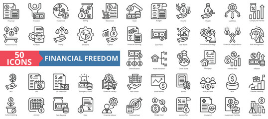 Financial freedom icon collection set. Containing capital, investment, saving, retirement, asset, budget, wealth icon. Simple line vector.