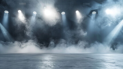 Naklejka premium Empty stage with spotlights and smoke, 16:9 ratio