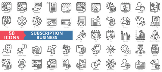 Subscription business icon collection set. Containing renewal, membership, billing, autorenewal, cancellation icon. Simple line vector.
