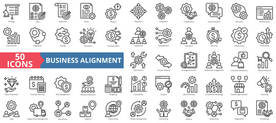 Business alignment icon collection set. Containing strategy, goal, objectives, mission, alignment, integration, collaboration icon. Simple line vector.