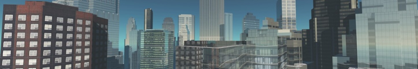 Obraz premium Panorama of skyscrapers on a blue background, 3D rendering