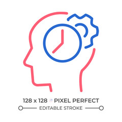 Time for thinking process two color line icon. Synchronizing biological clock. Keep learning bicolor outline symbol. Duotone linear pictogram. Isolated illustration. Editable stroke