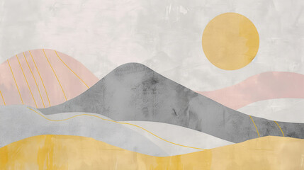 Obraz premium minimalist and whimsical abstract art with geometric sun over two small mountain hills in pastel yellow, gray and pink gold line style with collage technique