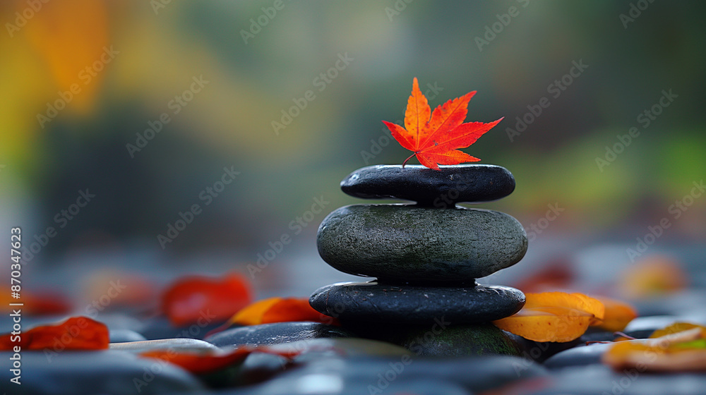 Poster a serene scene with a vibrant red maple leaf resting atop a stack of smooth, rounded stones. these s