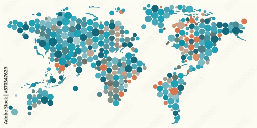Poster abstract vibrant world map composed of multicolored circles on a light background. global diversity 
