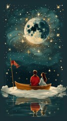 Romantic Stargazing Couple in Boat Under Moonlit Sky