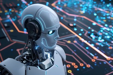 Futuristic robot with sleek design on glowing circuit board background, symbolizing advanced AI tech