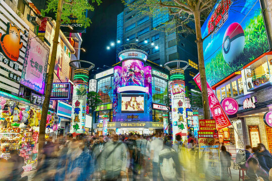Taipei, Taiwan - November 18, 2018: Night view of a famous business district Ximending, one of the most popular tourist spots