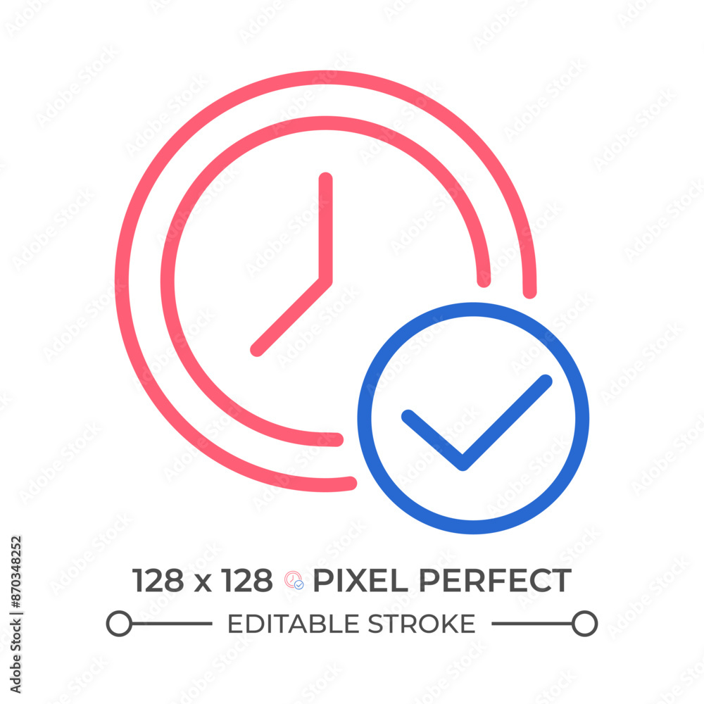 Poster clock with check mark two color line icon. approving appointment time. digital watch with tick bicol