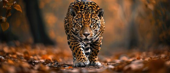 sharp eye view from the front of a Panthera jaguar walking on the ground against a backdrop of trees and green leaves in the middle of wildlife forest