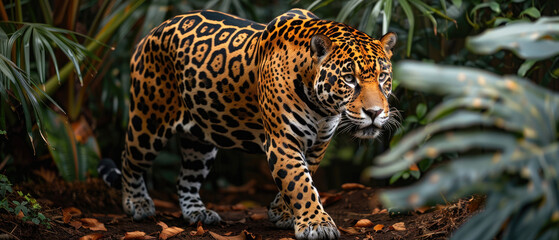 sharp eye view from the front of a Panthera jaguar walking on the ground against a backdrop of trees and green leaves in the middle of wildlife forest